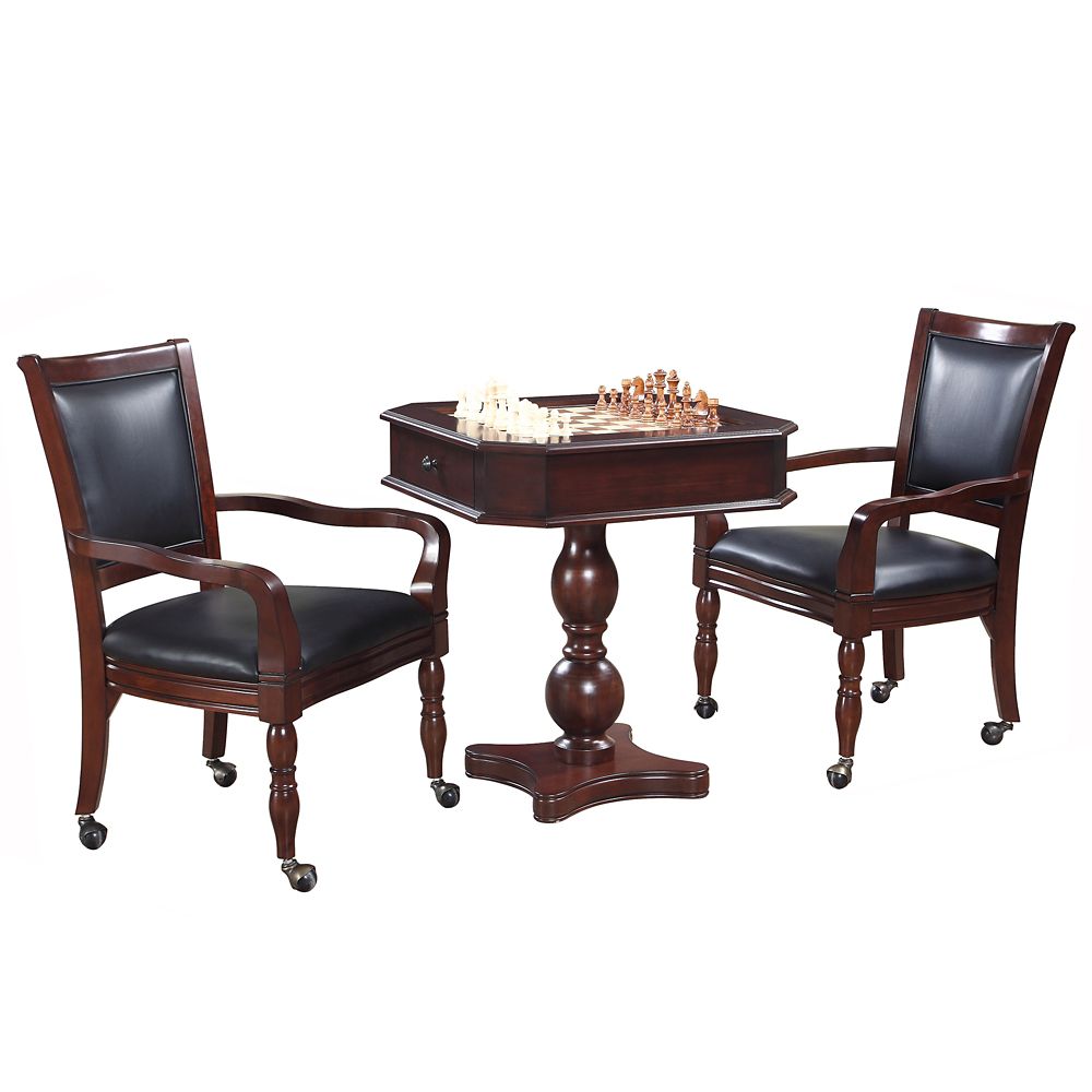 Fortress Chess Checkers Backgammon Pedestal Game Table Chairs Set Mahogany