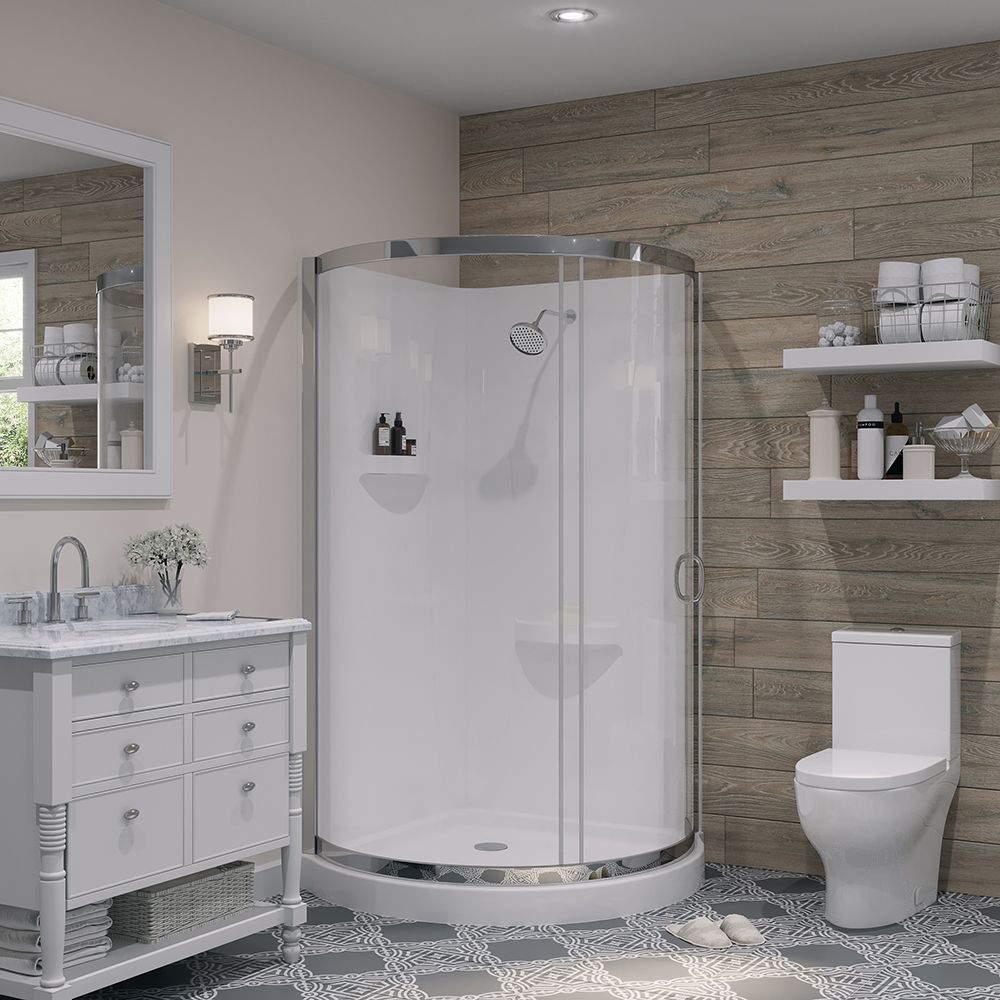 Ove Decors Douche ronde en coin Breeze 38 po. x 38 po. X 38 po. en blanc avec fini chrome Ove Decors Douche ronde en coin Breeze 38 po. x 38 po. X 38 po. en blanc avec fini chrome