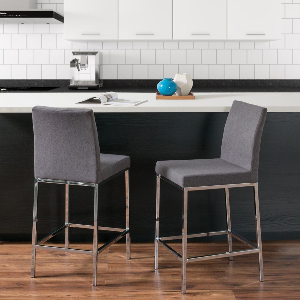 Corliving Huntington Grey Fabric Bar Stools with Chrome Legs, Counter ...