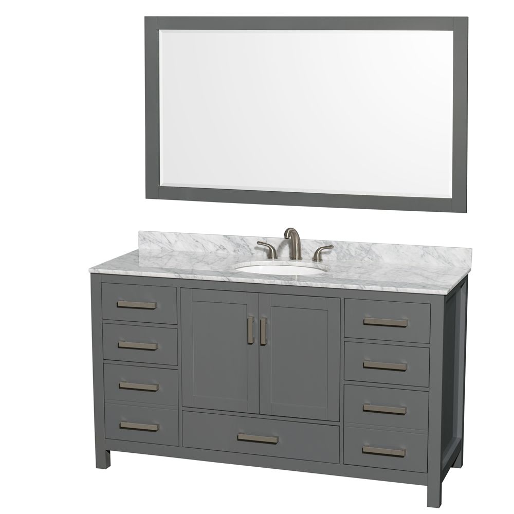 Wyndham Collection Sheffield 60 Inch Dark Gray Single Vanity, Carrara Marble Top, Oval Sin