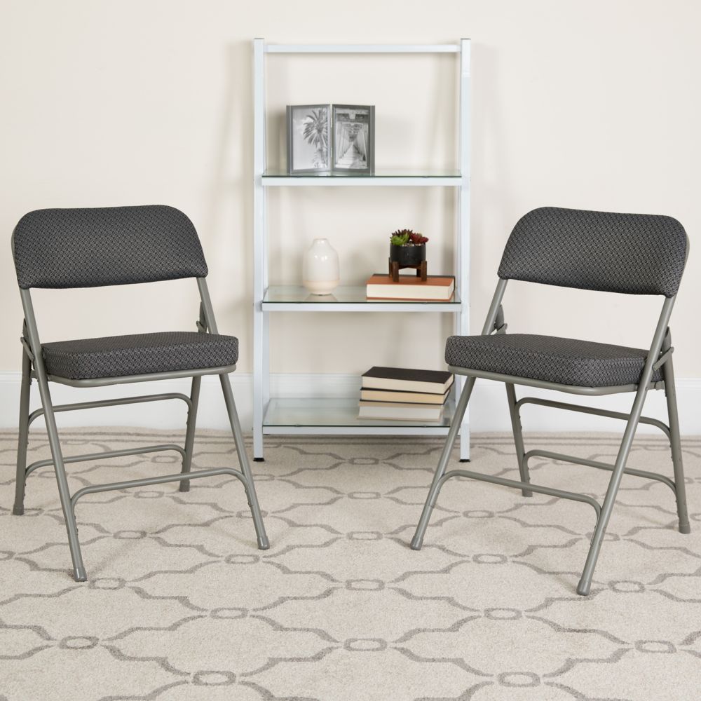 Quad Hinged Gray Fabric Upholstered Metal Folding Chair