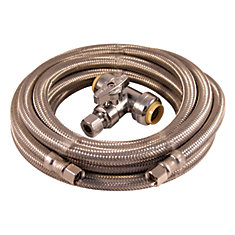 Trousse d'installation machine à glaçons 15 pi acier inox tressé avec valve té pousser-raccorder