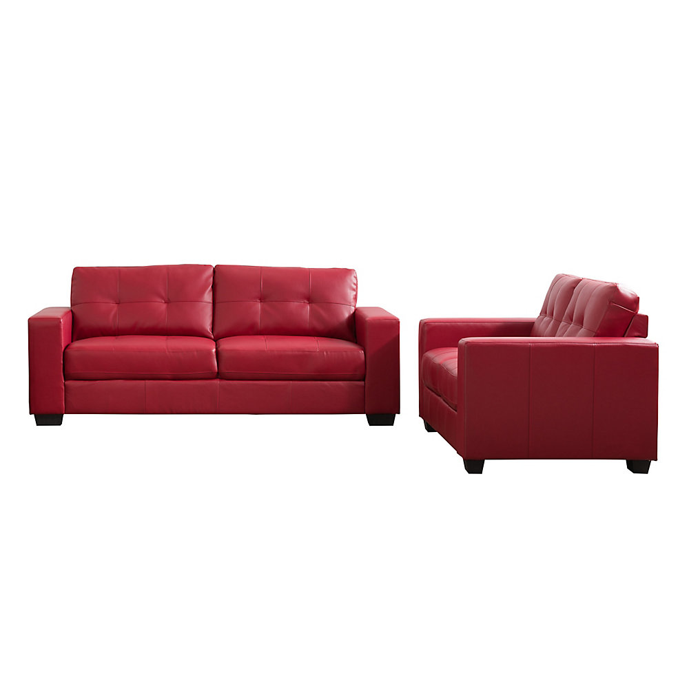 Club 2 Piece Tufted Red Bonded Leather Sofa Set