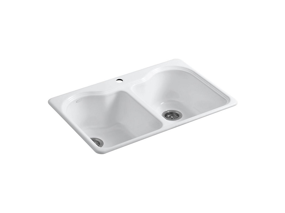 Hartland 33 X 22 9 5 8 Inch Top Mount Double Equal Kitchen Sink With Single Faucet Hole In White