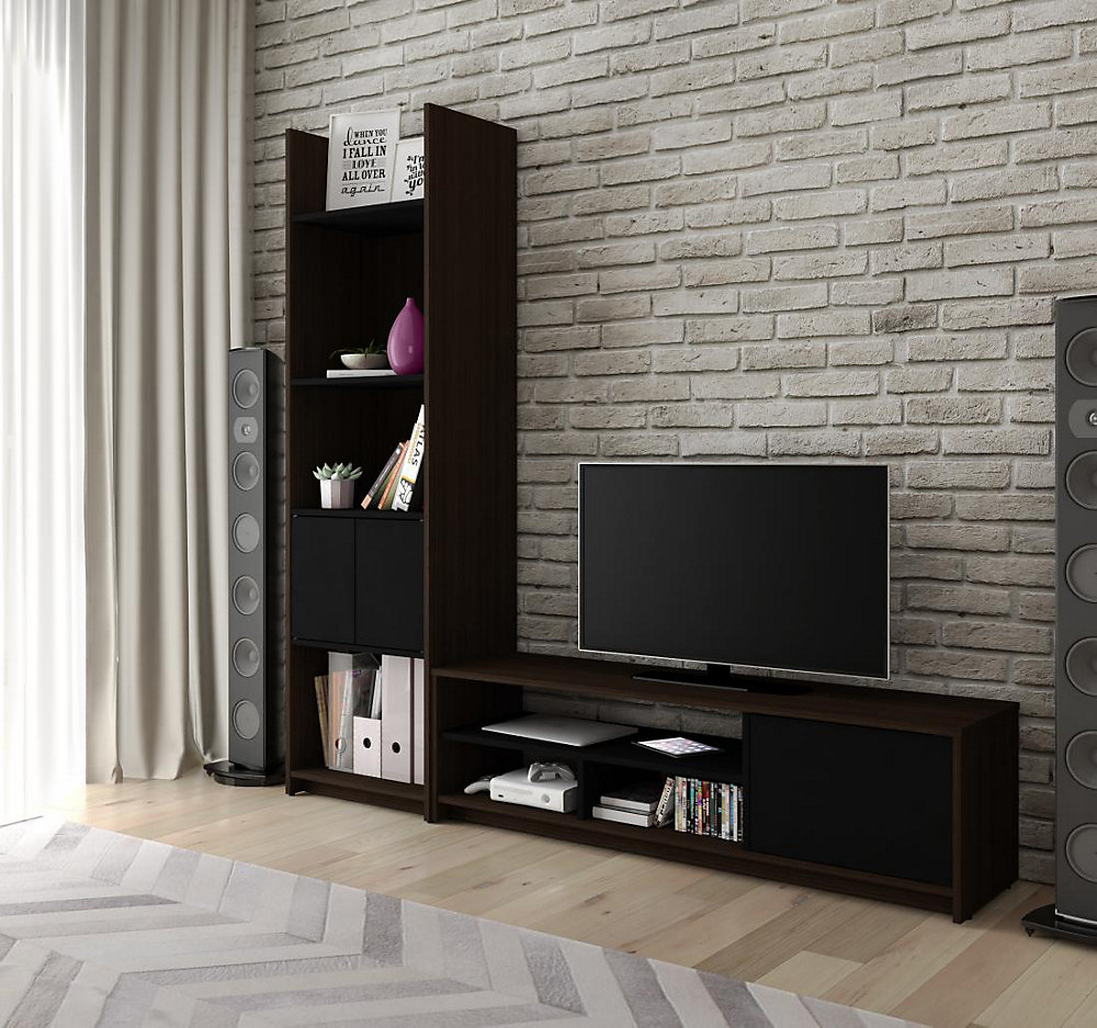 Small Space 2 Piece Tv Stand And Storage Tower Set Dark Chocolate Black
