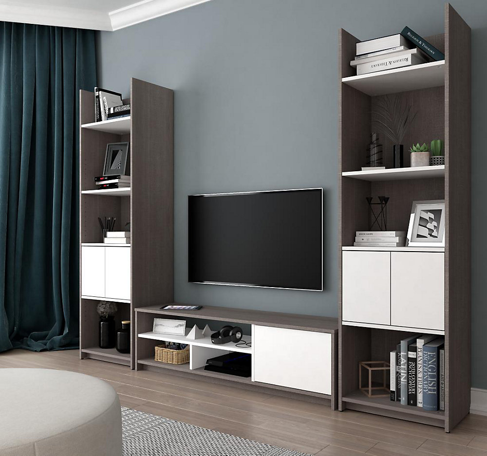 Small Space 3 Piece Tv Stand And 2 Storage Towers Set Bark Gray White