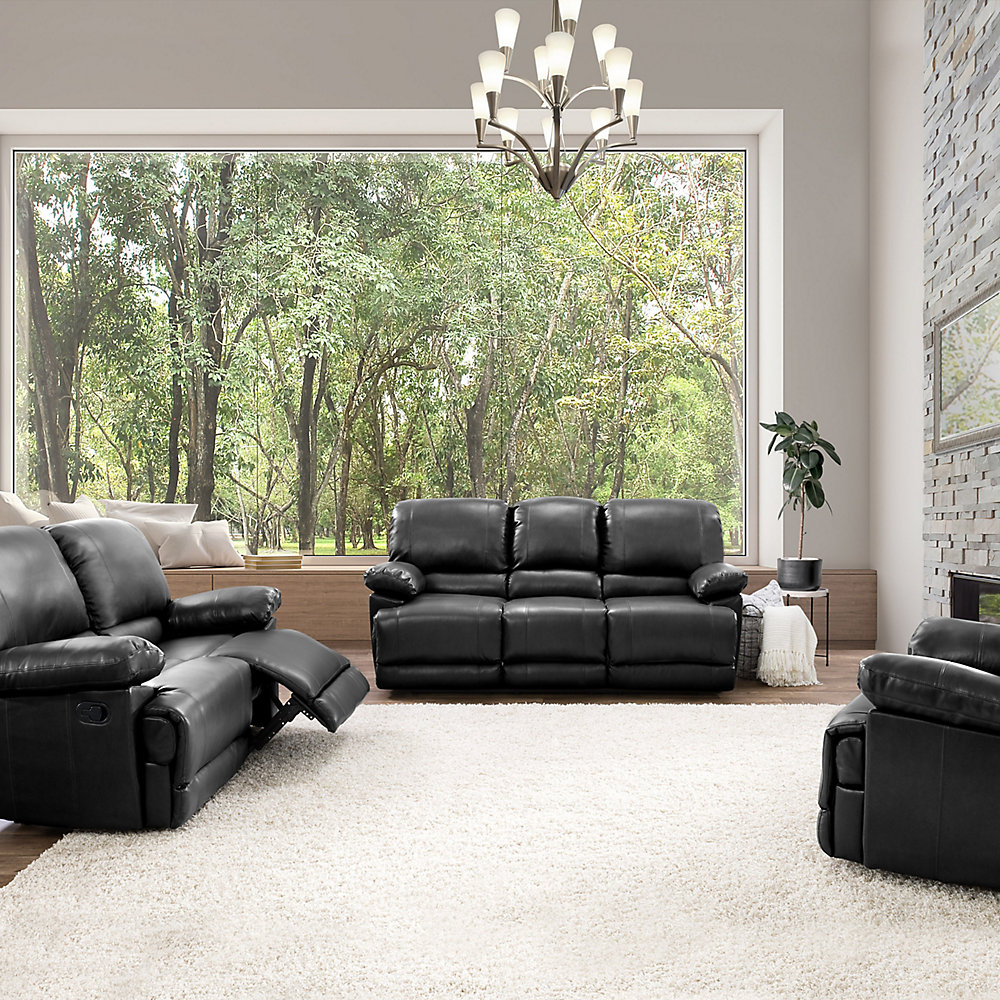 3 Piece Lea Black Bonded Leather Reclining Sofa Set