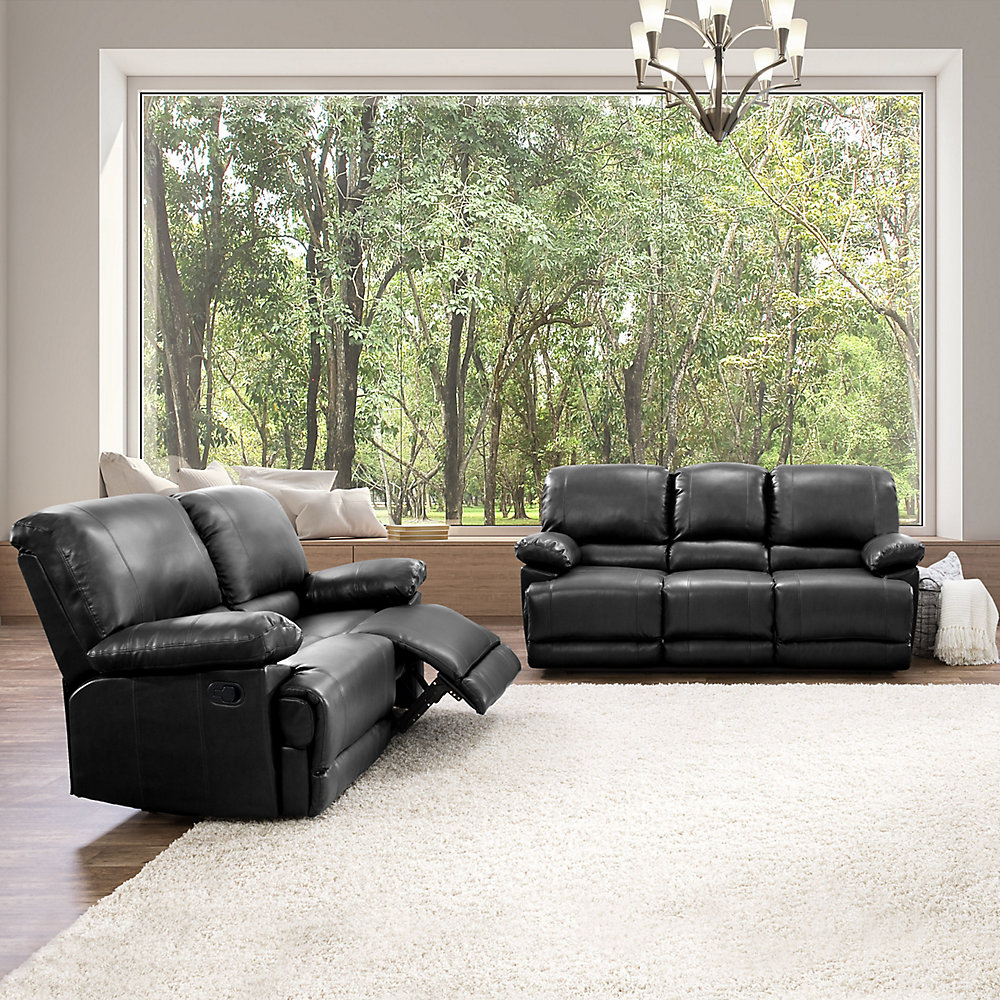 2 Piece Lea Black Bonded Leather Reclining Sofa Set