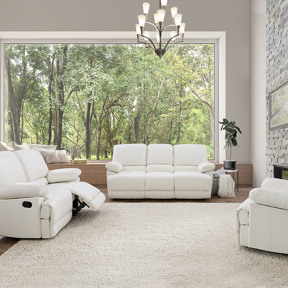 3 Piece Lea White Bonded Leather Reclining Sofa Set