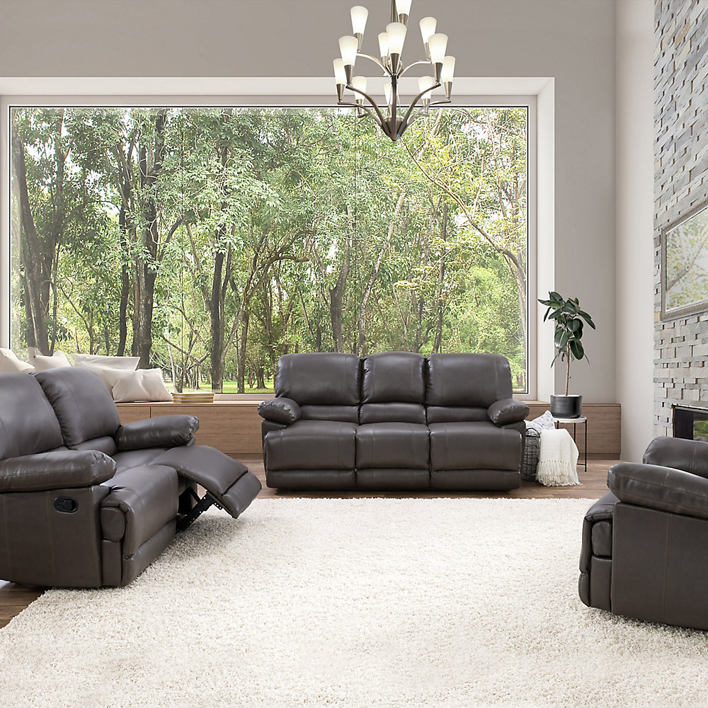 3 Piece Lea Brownish Grey Bonded Leather Reclining Sofa Set