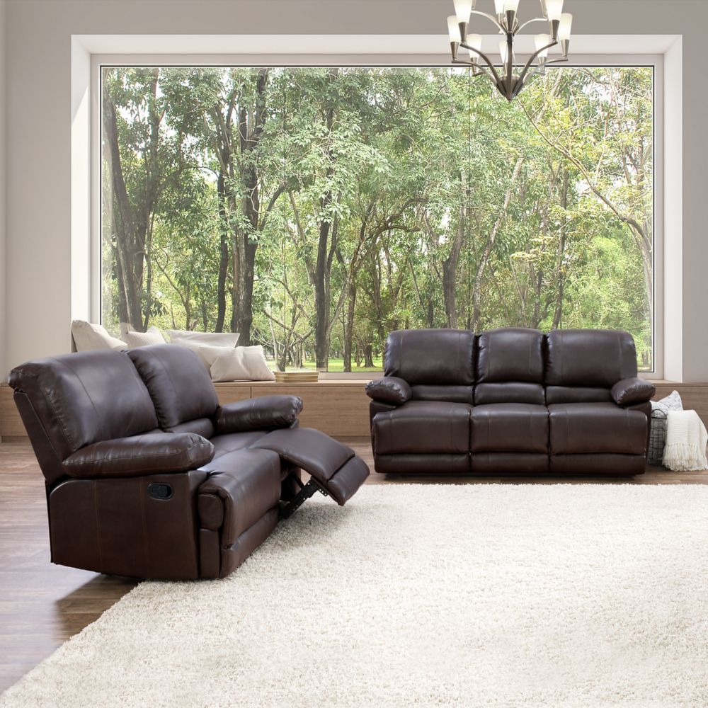 Corliving 2 Piece Lea Chocolate Brown Bonded Leather Reclining Sofa Set The Home Depot Canada 5784