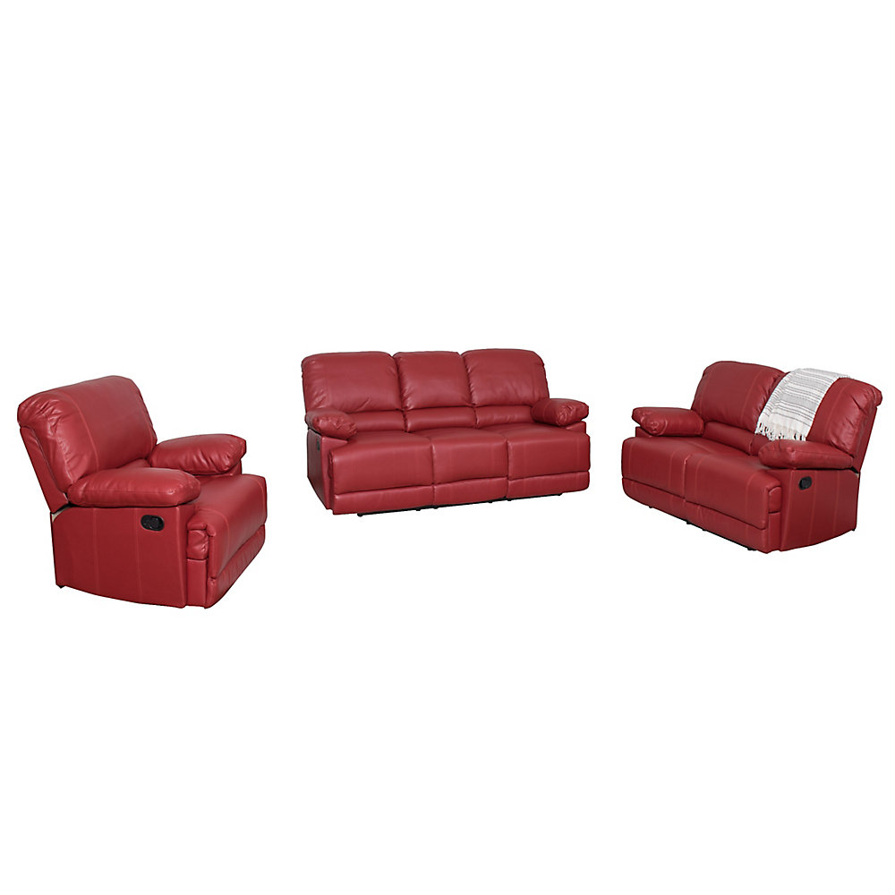 3 Piece Lea Red Bonded Leather Reclining Sofa Set
