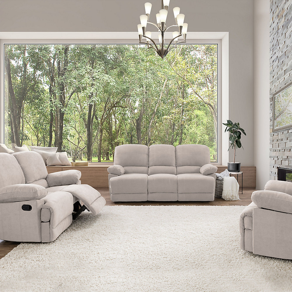 3 Piece Lea Beige Chenille Fabric Reclining Sofa Set