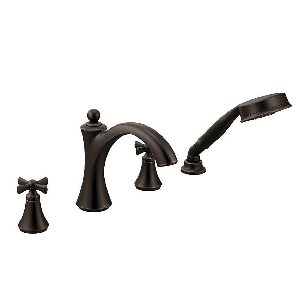 Wynford Oil Rubbed Bronze Two-Handle Diverter Roman Tub Faucet Includes Hand Shower Bronze Tub Spout With Handheld Shower Diverter