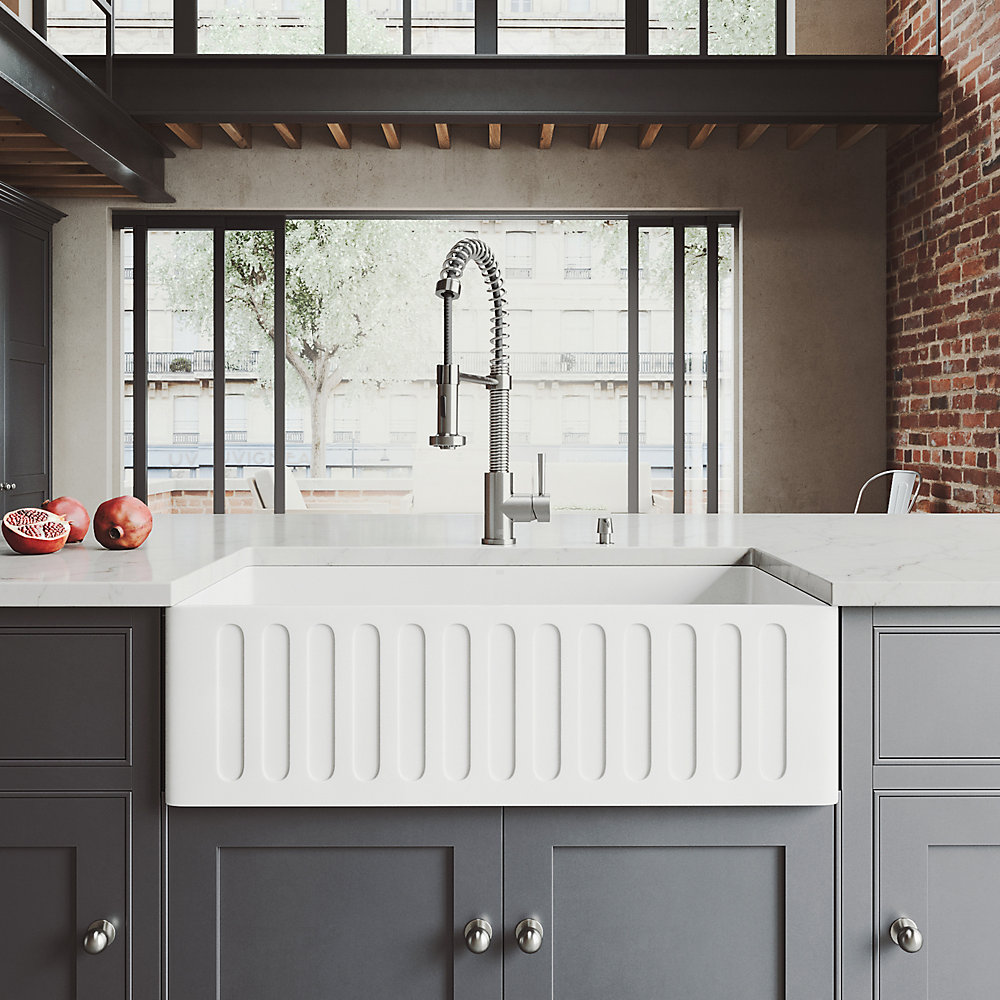 All In One 33 Inch Matte Stone Single Bowl Undermount Kitchen Sink With Pull Down Faucet In Stainless Steel