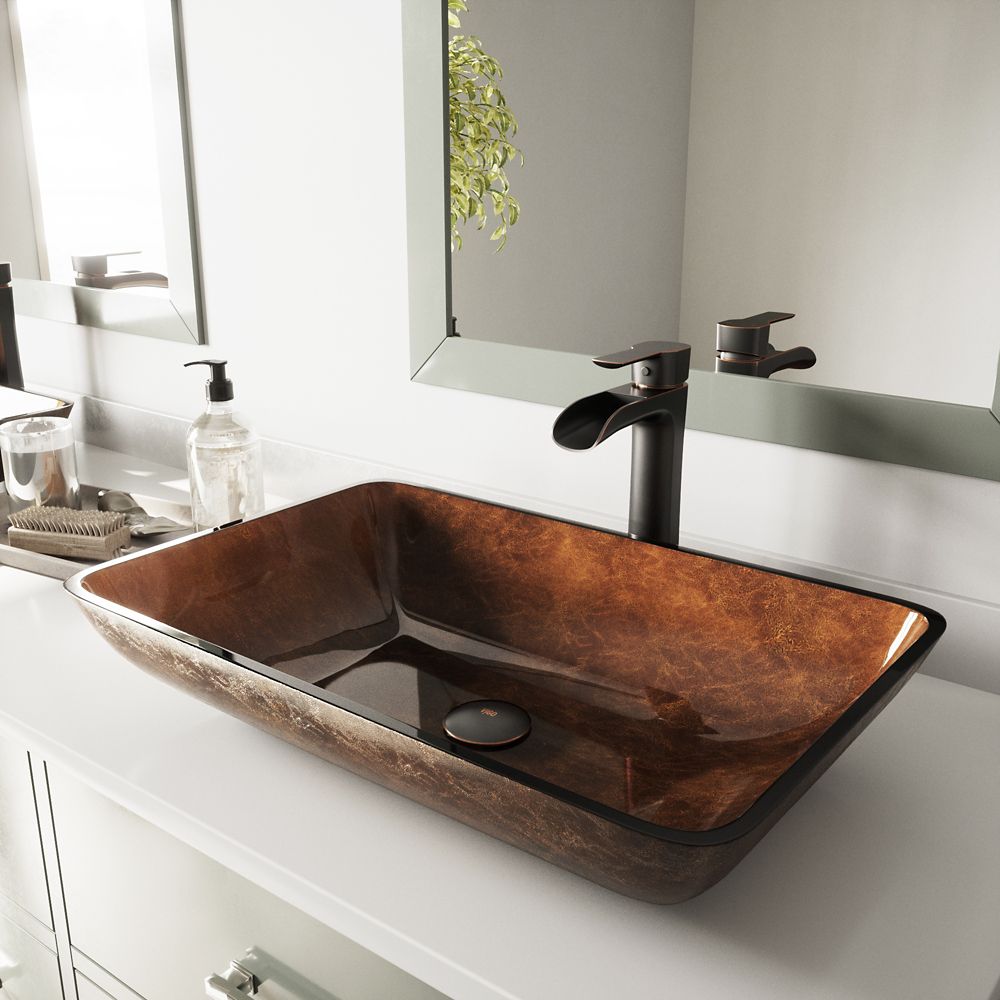 22 Inch Rectangular Glass Vessel Bathroom Sink Set With Niko Vessel Faucet In Antique Rubbed Bronze