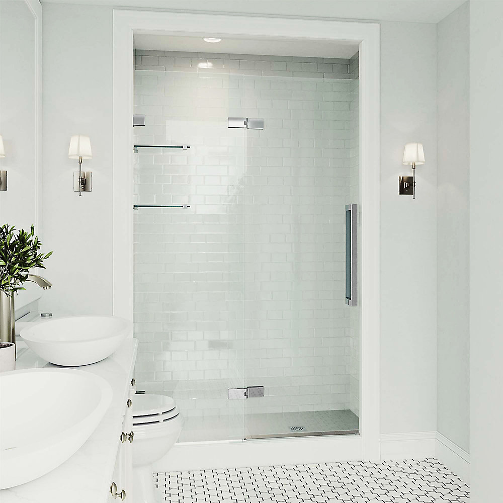Vigo Powell 47 1 4 To 48 3 Inch X 74 Frameless Hinged Vigo Powell 47 1 4 To 48 3 Inch X 74 Frameless Hinged Shower Door In Chrome With Clear Glass And Handle