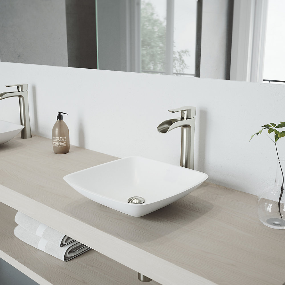 Hyacinth Matte Stone Vessel Bathroom Sink In White With Niko Vessel Faucet In Brushed Nickel