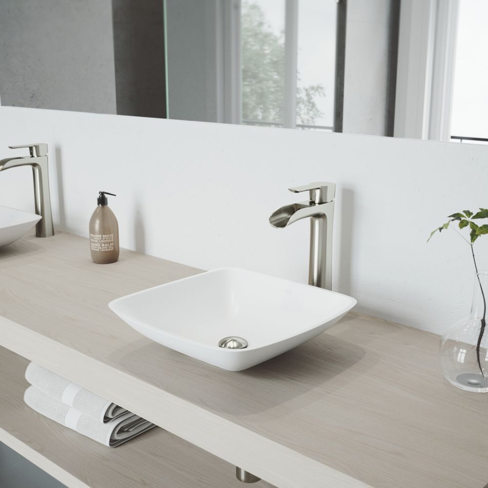 Hyacinth Matte Stone Vessel Bathroom Sink In White With Niko Vessel Faucet In Brushed Nickel