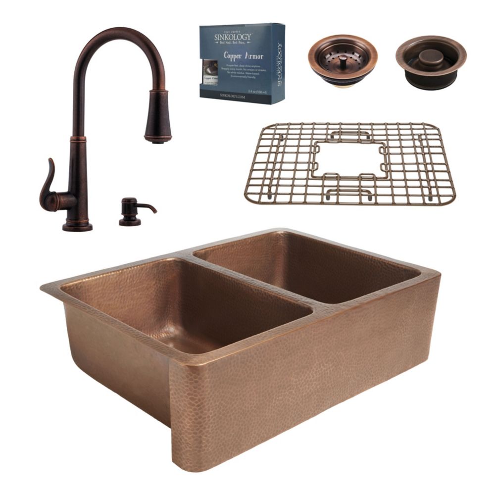 All In One Rockwell Farmhouse Copper Kitchen Sink Kit With Ashfield Pull Down Faucet Rustic Bronze