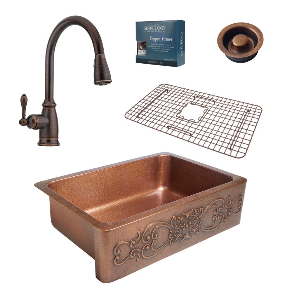 Sinkology Ganku All In One Farmhouse Solid Copper Inch Kitchen Sink With Bronze Faucet