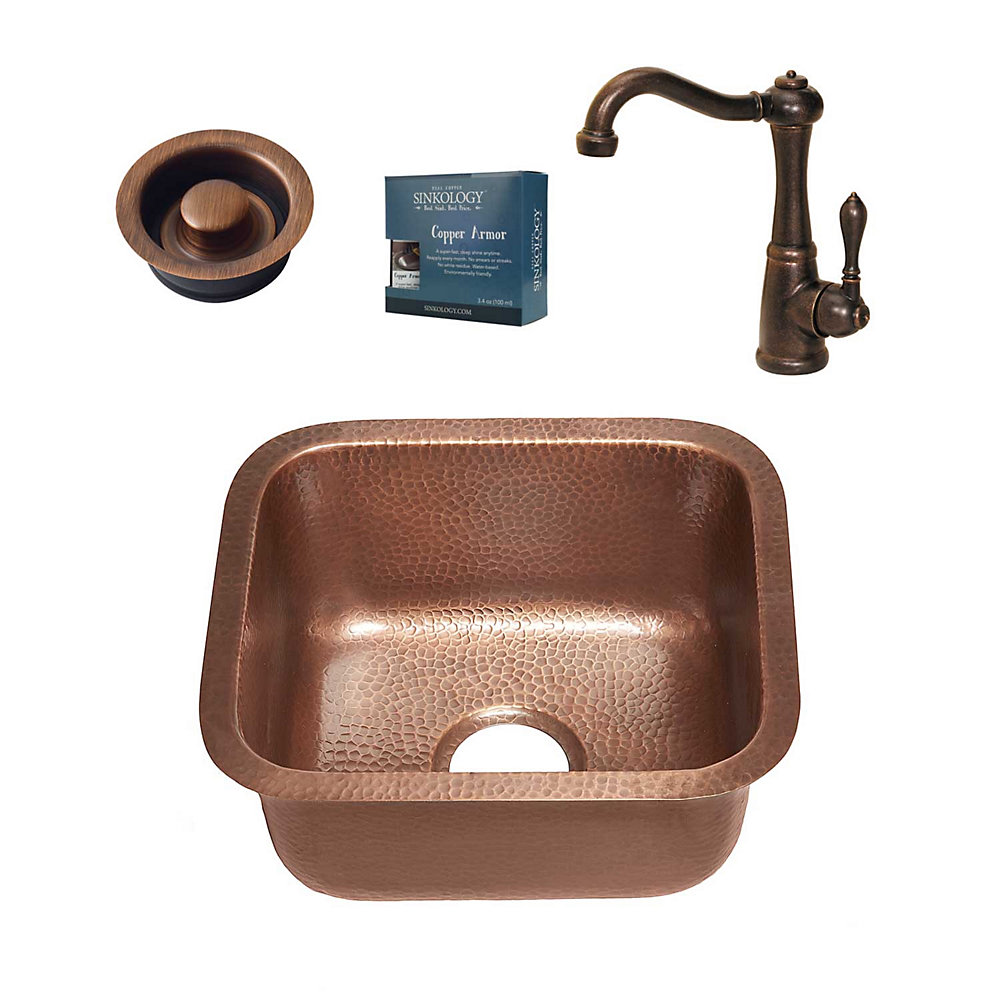 Sisley All In One Undermount 17 Inch Copper Bar Prep Sink With Bronze Faucet And Disposal Drain