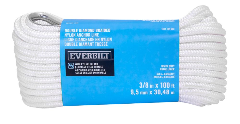 Everbilt 3/8inch x 100ft. White Nylon Double Braid Anchor Line with Spliced 3/8inch Sta