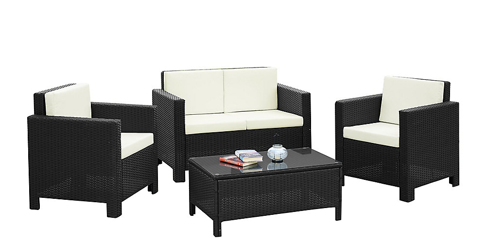 Caslano 4 Piece All Weather Wicker Patio Conversation Set With White Cushions