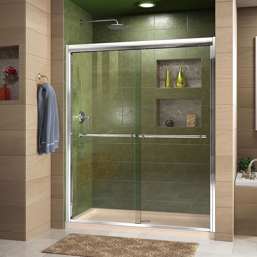 Dreamline Duet 36 Inch D X 48 W 74 3 4 H Shower Door In Dreamline Duet 36 Inch D X 48 W 74 3 4 H Shower Door In Chrome With Center Drain Biscuit Base Kit