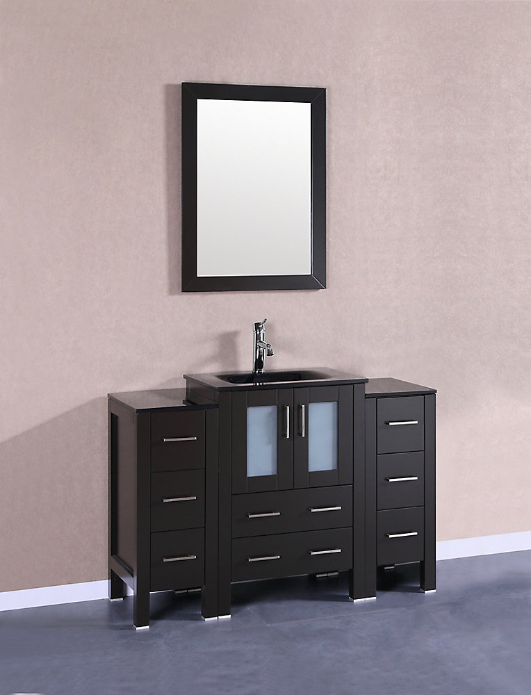 48 Inch W X 18 D Bath Vanity In Espresso With Tempered Glass Top Black Basin And Mirror