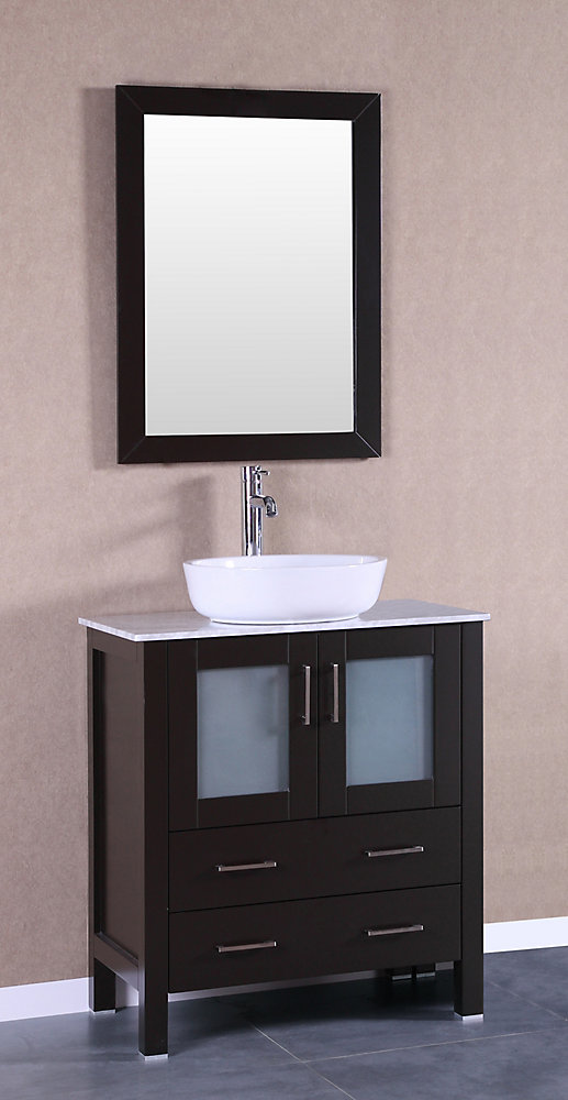 30 Inch W X 18 D Bath Vanity In Espresso With Carrara Marble Top White Basin And Mirror