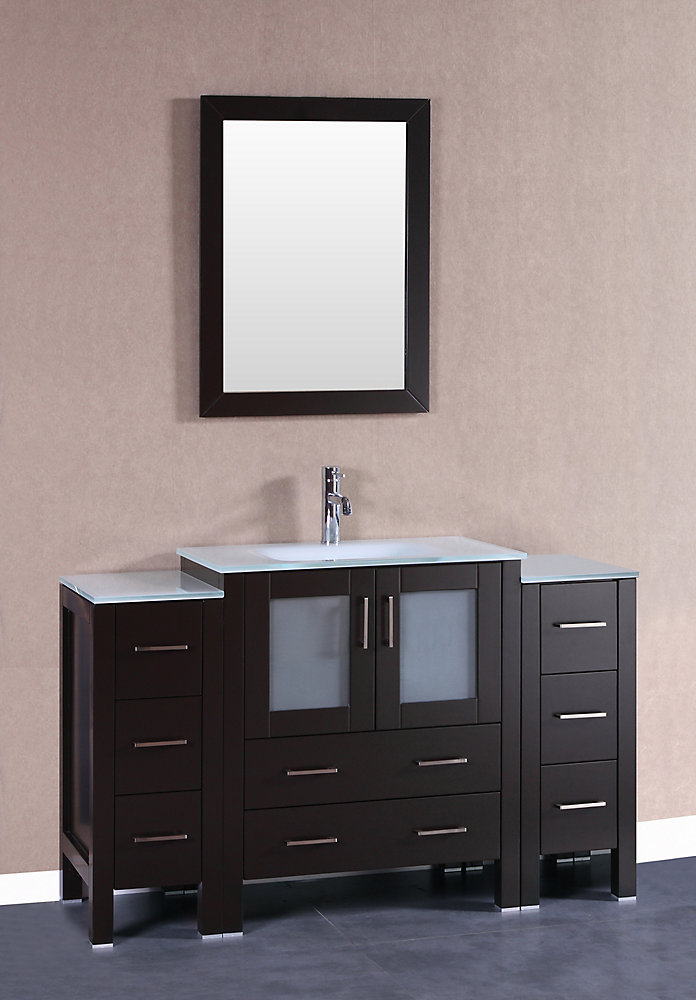 54 Inch W X 18 D Bath Vanity In Espresso With Tempered Glass Top White Basin And Mirror