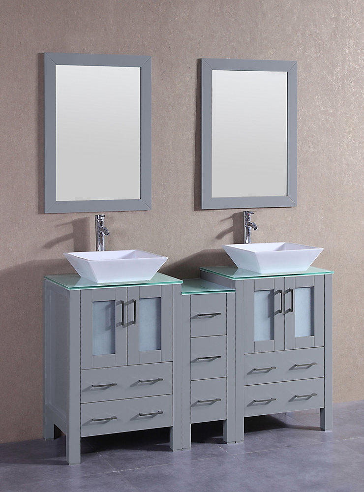 60 Inch W X 18 D Bath Vanity In Gray With Tempered Glass Top Green White Basinirrors