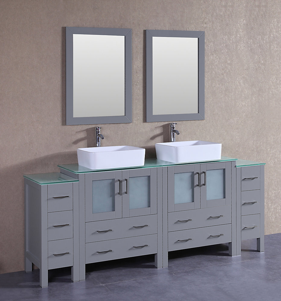 84 Inch W X 18 D Bath Vanity In Gray With Tempered Glass Top Green White Basinirrors