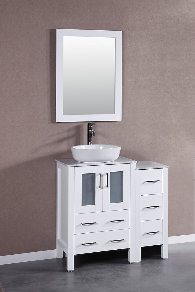36 Inch W X 18 Inch D Bath Vanity In White With Carrara Marble Vanity Top In White With White Basin And Mirror