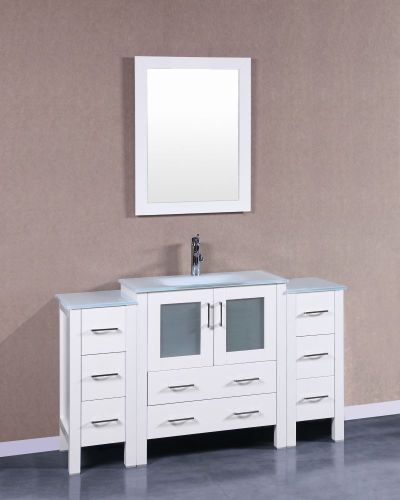 54 Inch W X 18 D Bath Vanity In White With Tempered Glass Top Basin And Mirror