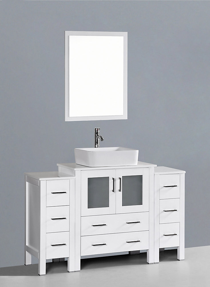 54 Inch W X 18 D Bath Vanity In White With Pheonix Stone Top Basin And Mirror