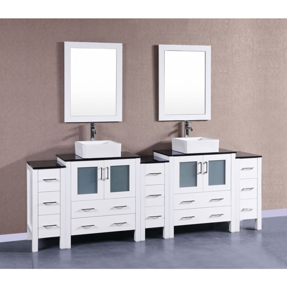 Bosconi 96 Inch W X 18 Inch D Bath Vanity In White With Tempered Glass Vanity Top In Black The Home Depot Canada Bosconi 96 Inch W X 18 Inch D Bath Vanity In White With Tempered Glass Vanity Top In Black The Home Depot Canada