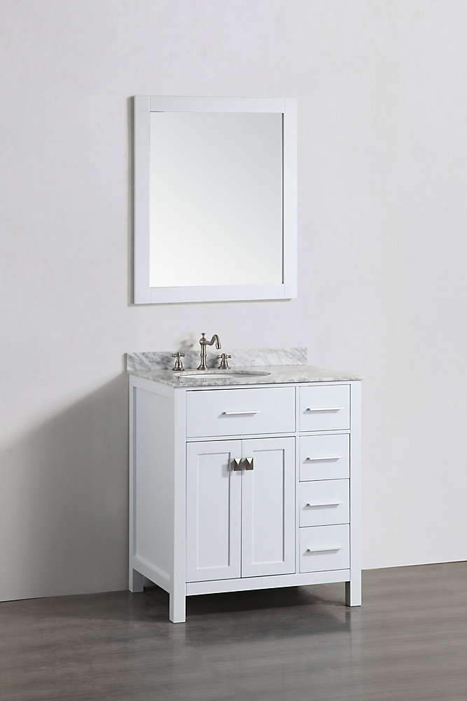 31 inch w x 22 inch d bath vanity in white with white carrara marble vanity  top in white with white basin and mirror