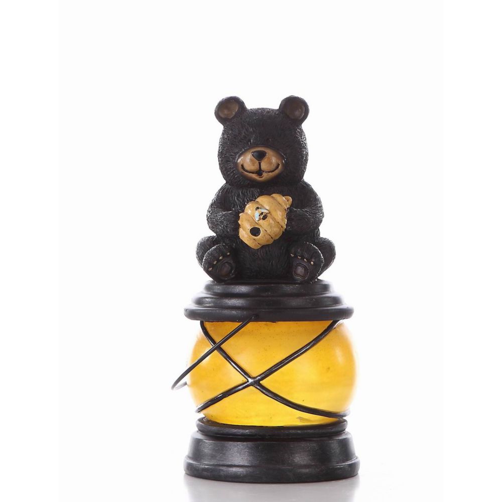 HiLine Gift Bear Sitting with Hive and Bee on Solar Lantern Statue