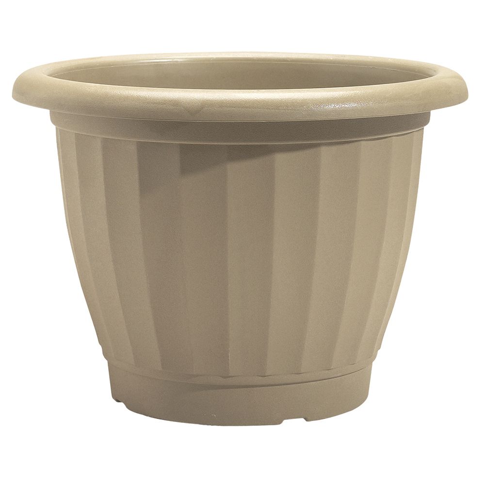 THD Castella Round Plastic Planter Beige Grey 17.3 inch The Home