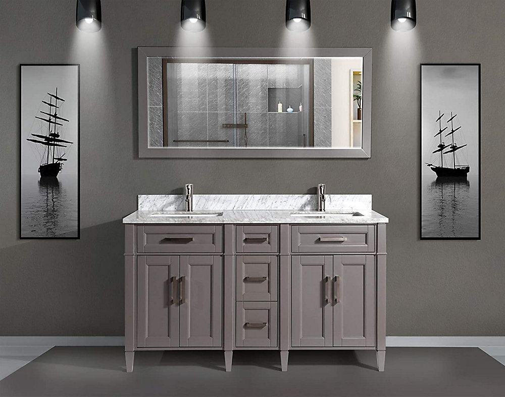 Savona 60 Inch Vanity In Grey With Double Basin Top White And Marble Mirror