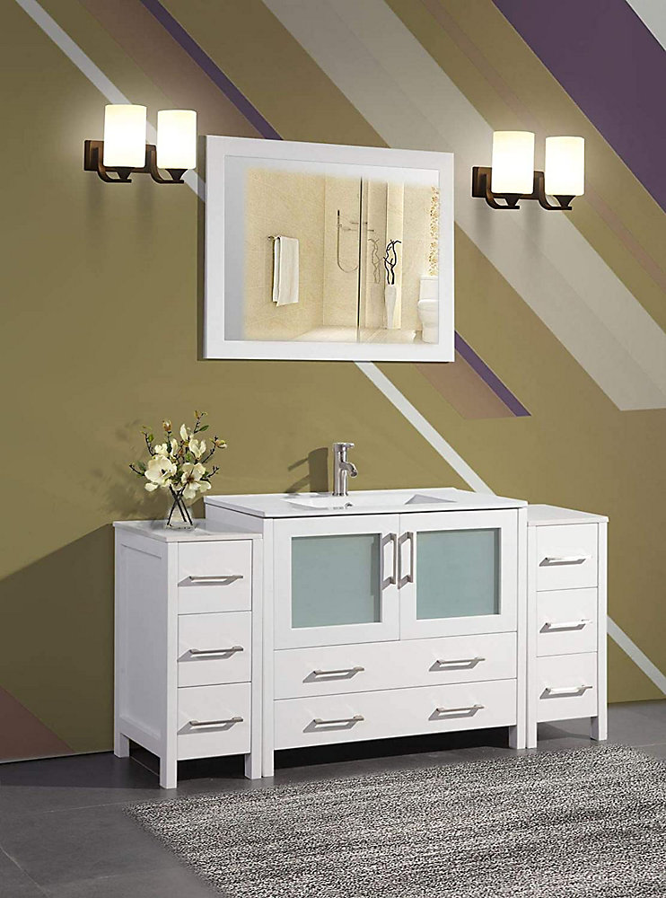 Brescia 60 Inch Bathroom Vanity In White With Single Basin Top Ceramic And Mirror