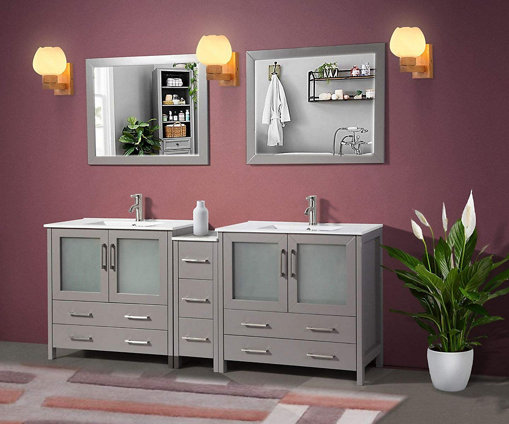 Brescia 84 In Bathroom Vanity Grey With Double Basin Top White Ceramic And Mirror