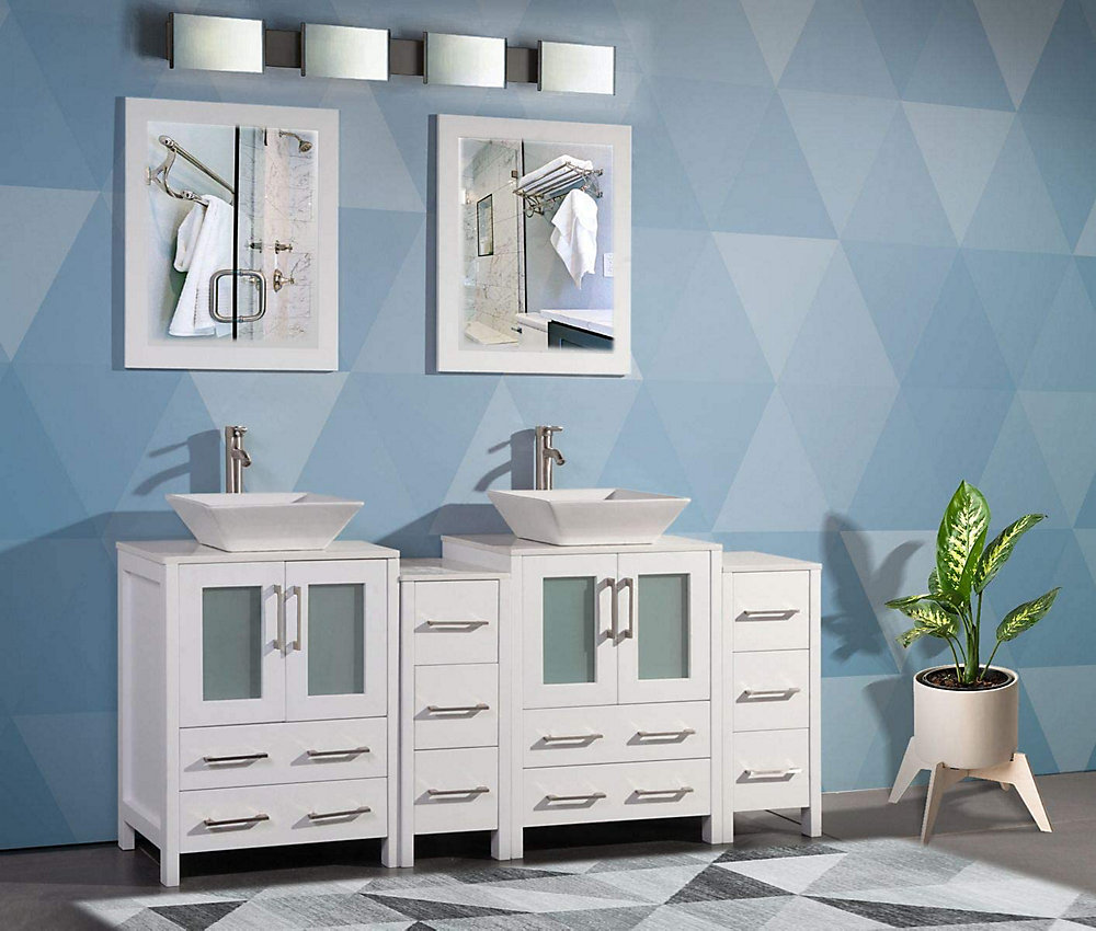 Ravenna 72 Inch Bathroom Vanity In White With Double Basin Top Ceramic And Mirror