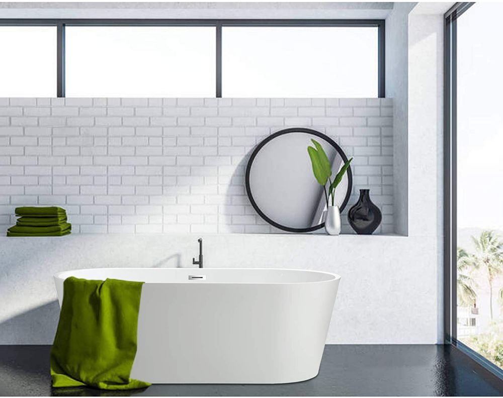 Freestanding acrylic bathtub with polished chrome slotted overflow and pop-up drain. 6815