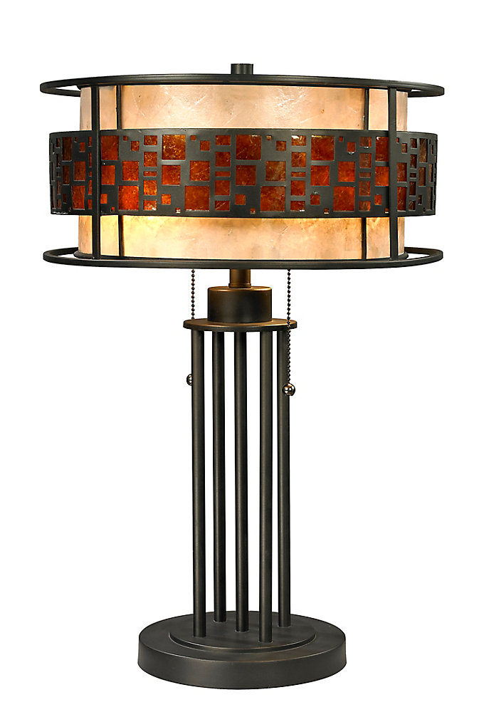 2 Light Java Bronze Table Lamp With Amber Mica Shade And White 14 Inch
