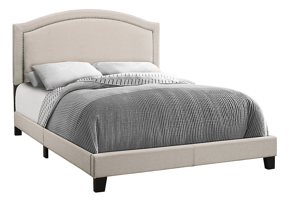 Bed Queen Size Beige Linen With Antique Brass Trim