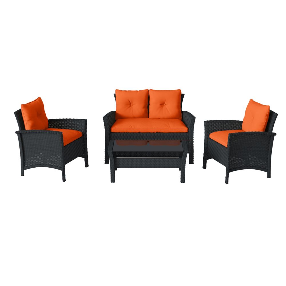 Corliving Cascade 4Piece Black Resin Rattan Wicker Patio Set with Orange Cushions The Home
