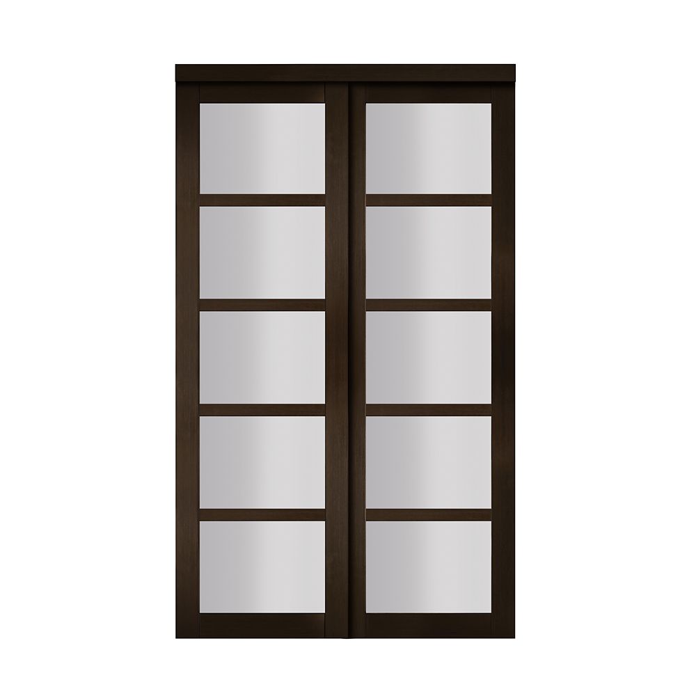 TRUporte 72 in. x 80 in. 2240 Series 5-Lite Tempered Frosted Glass Composite Espresso (Brown) Sliding Door